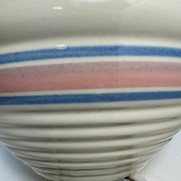 McCoy Ovenware Mixing Bowl Pink Blue Bands Striped Beehive Pottery USA 8" Vtg - Picture 11 of 16